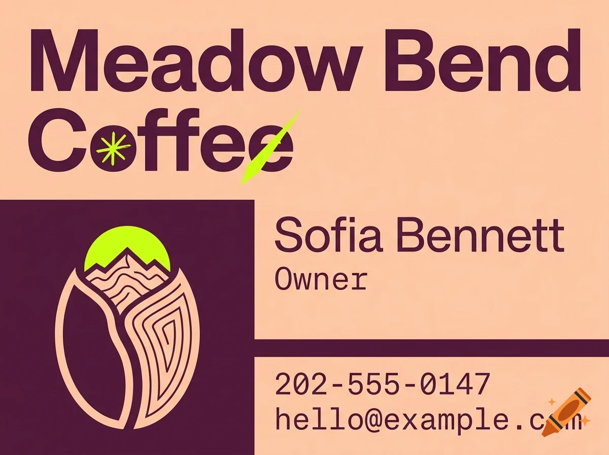 A business card for Meadow Bend Coffee featuring the name, a logo of a stylized coffee bean with mountains, a person's name, title, phone number, and email.
