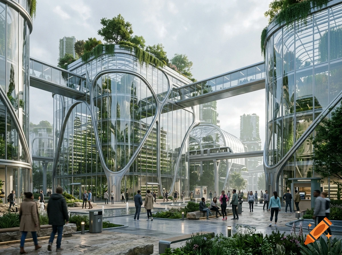 Photorealistic futuristic city with tall glass and steel buildings connected by skybridges, featuring lush greenery and people walking on a plaza.