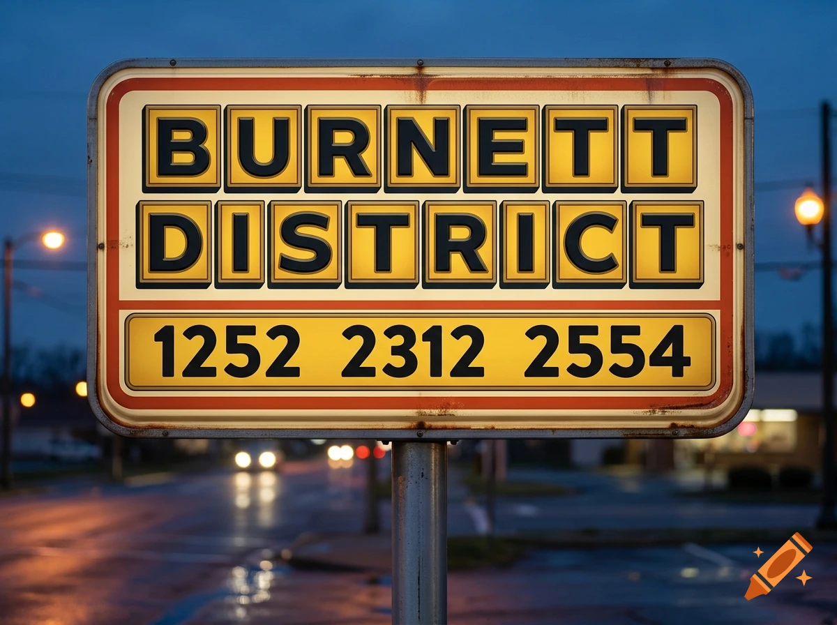 A vintage-style diner sign reading 'BURNETT DISTRICT' and '1252 2312 2554' against a dusk street background.