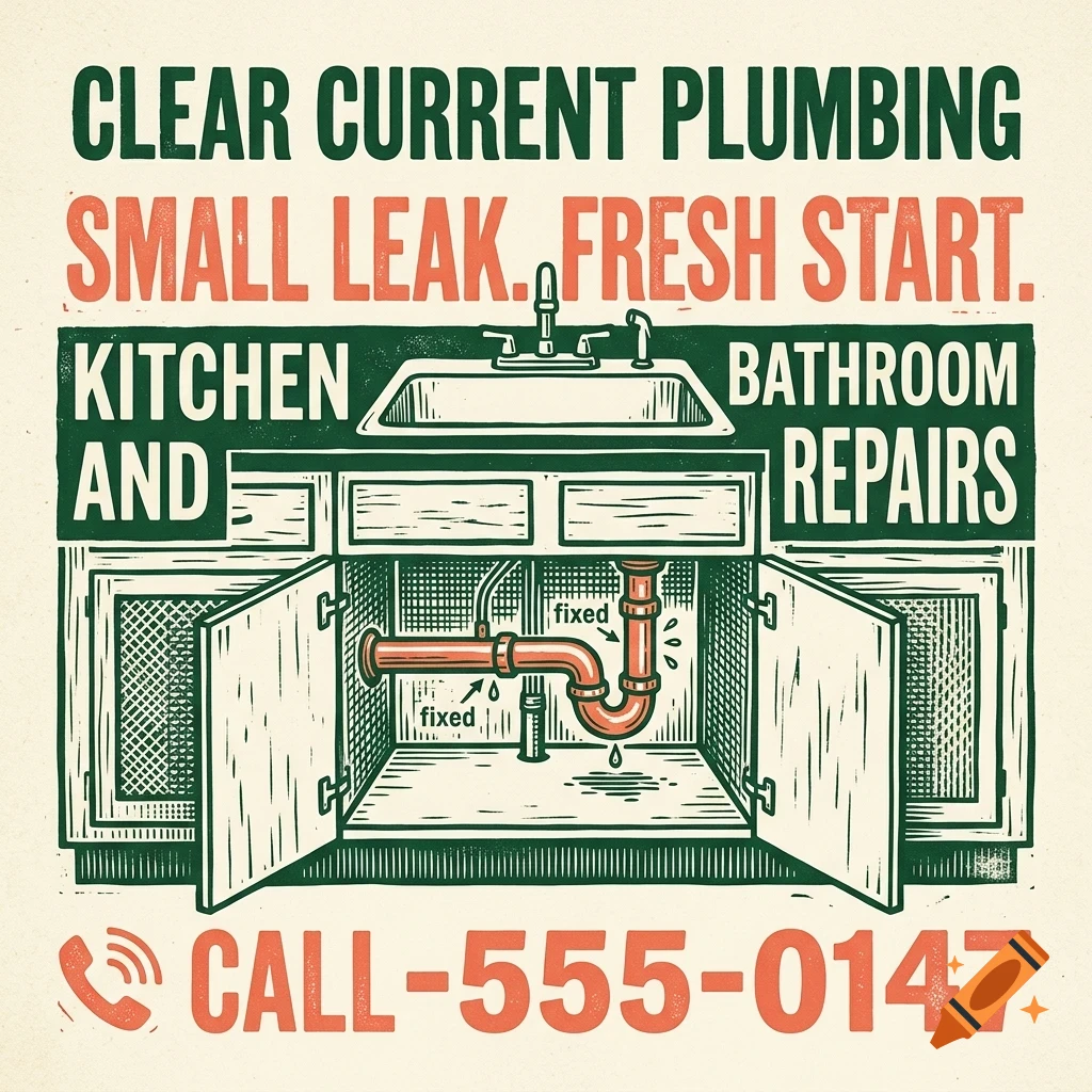 An illustrated plumbing advertisement featuring a kitchen sink cabinet with visible pipes and text including CLEAR CURRENT PLUMBING and CALL-555-0147.