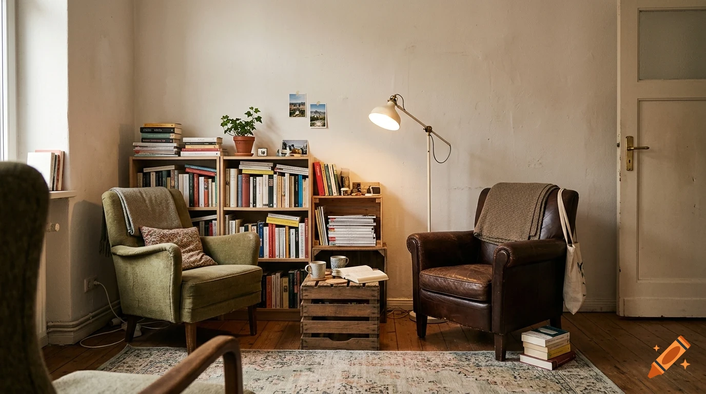 A cozy living room interior with a brown leather armchair, a green upholstered armchair, bookshelves filled with books, and a floor lamp.