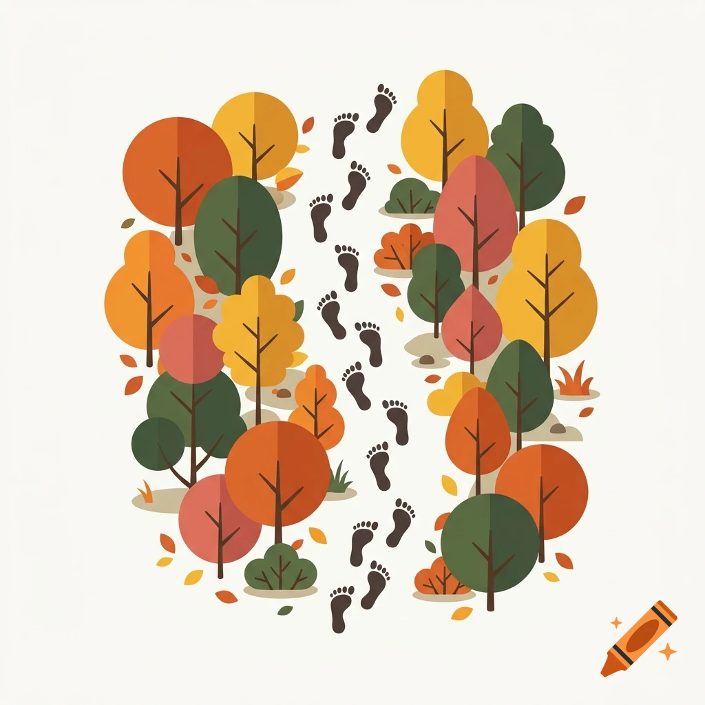 Flat vector illustration of a forest with autumn trees and a winding path of footprints in the center.