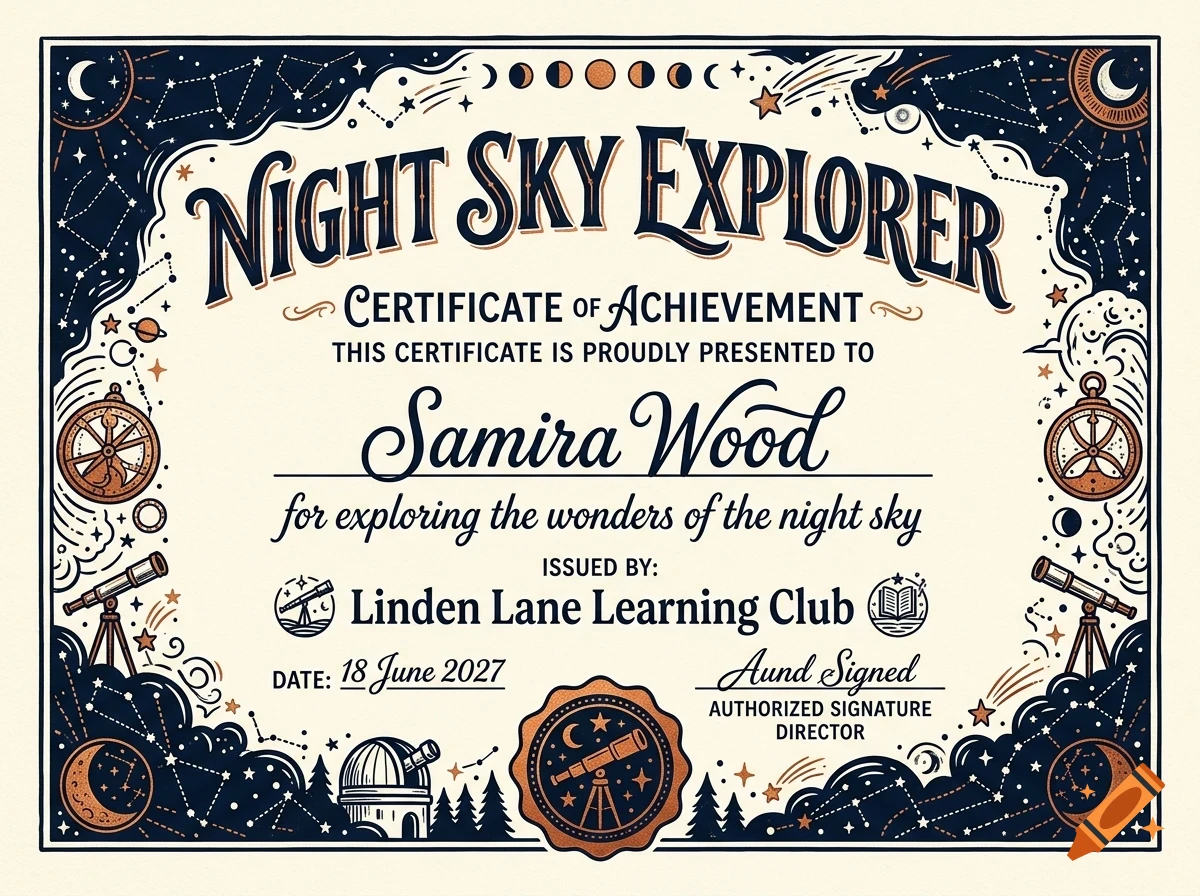 An ornate certificate of achievement with celestial and astronomical illustrations featuring telescopes, stars, and moon phases.