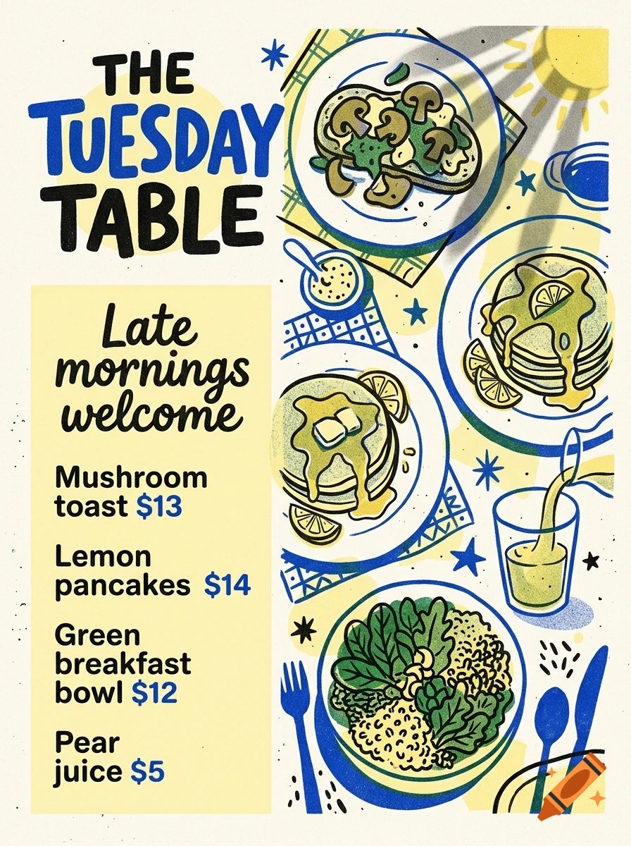 An illustrated menu for The Tuesday Table featuring breakfast items like mushroom toast, lemon pancakes, a green breakfast bowl, and pear juice.