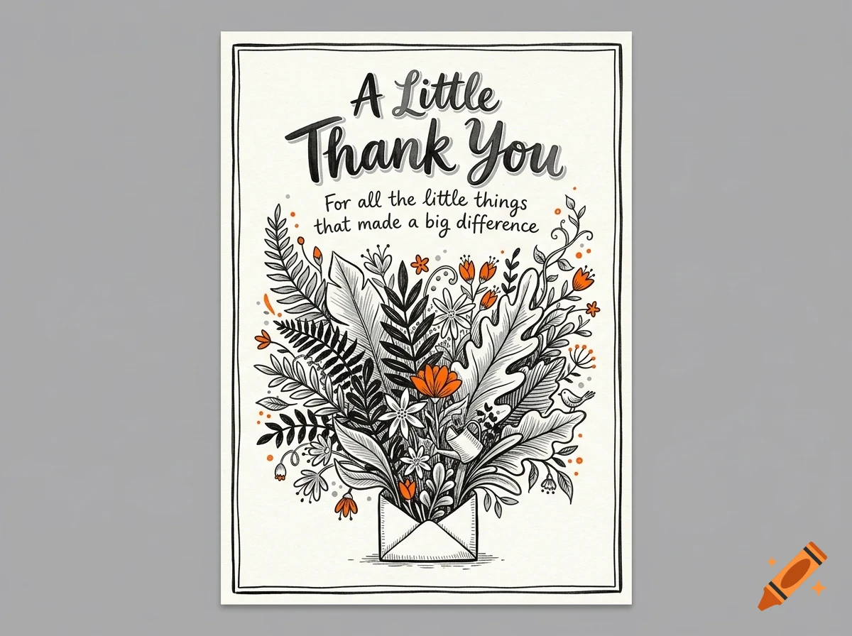 An illustrated greeting card featuring a bouquet of flowers emerging from an envelope with the text A Little Thank You.