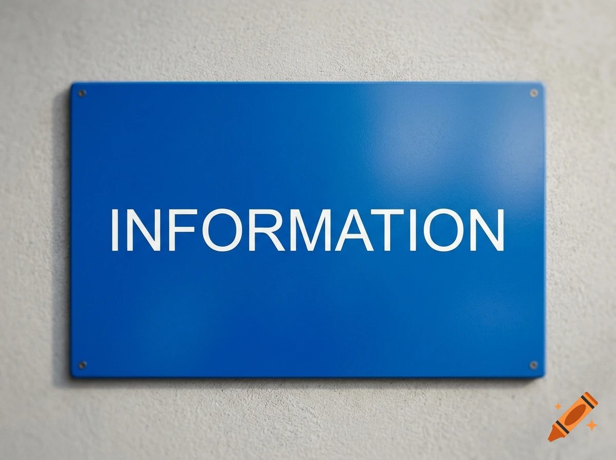 A blue rectangular information sign with white capital letters centered on a textured wall.