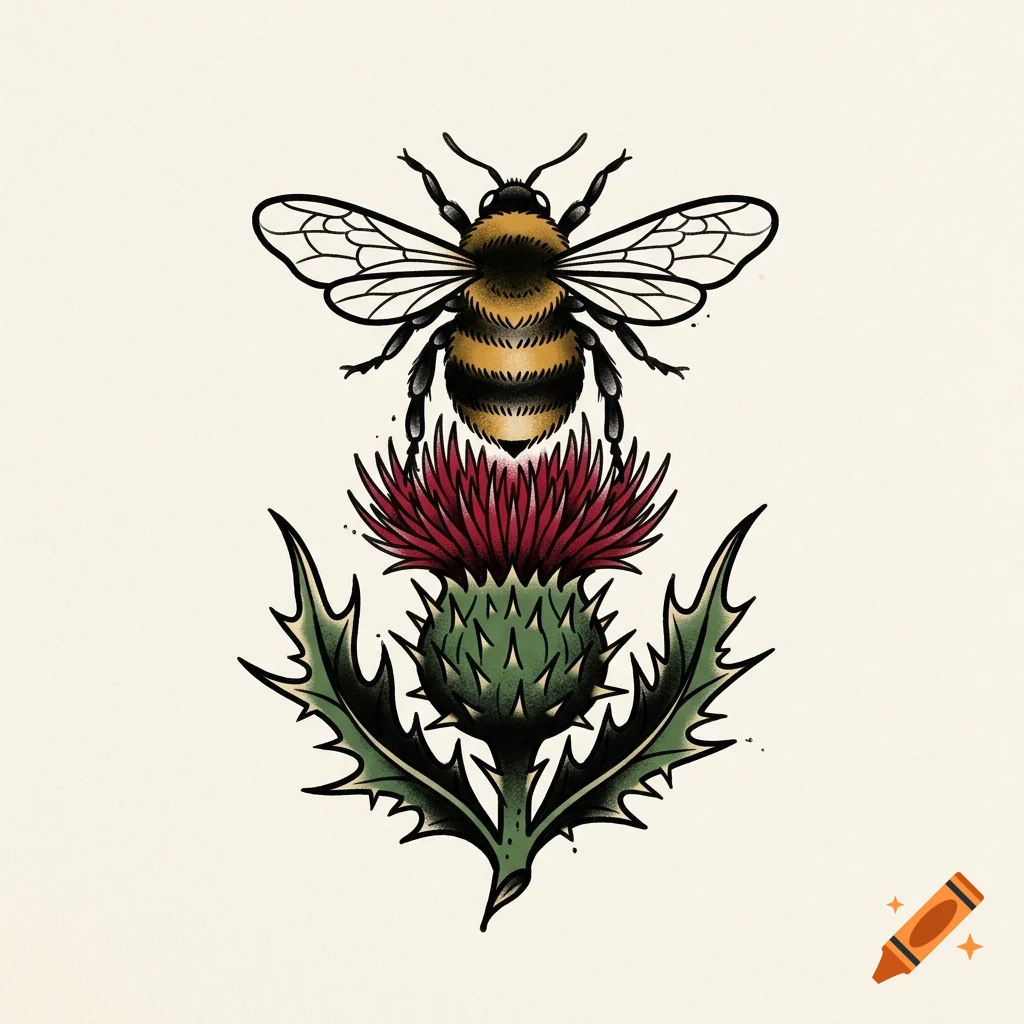 An illustrated bumblebee resting on top of a blooming purple and green thistle flower.
