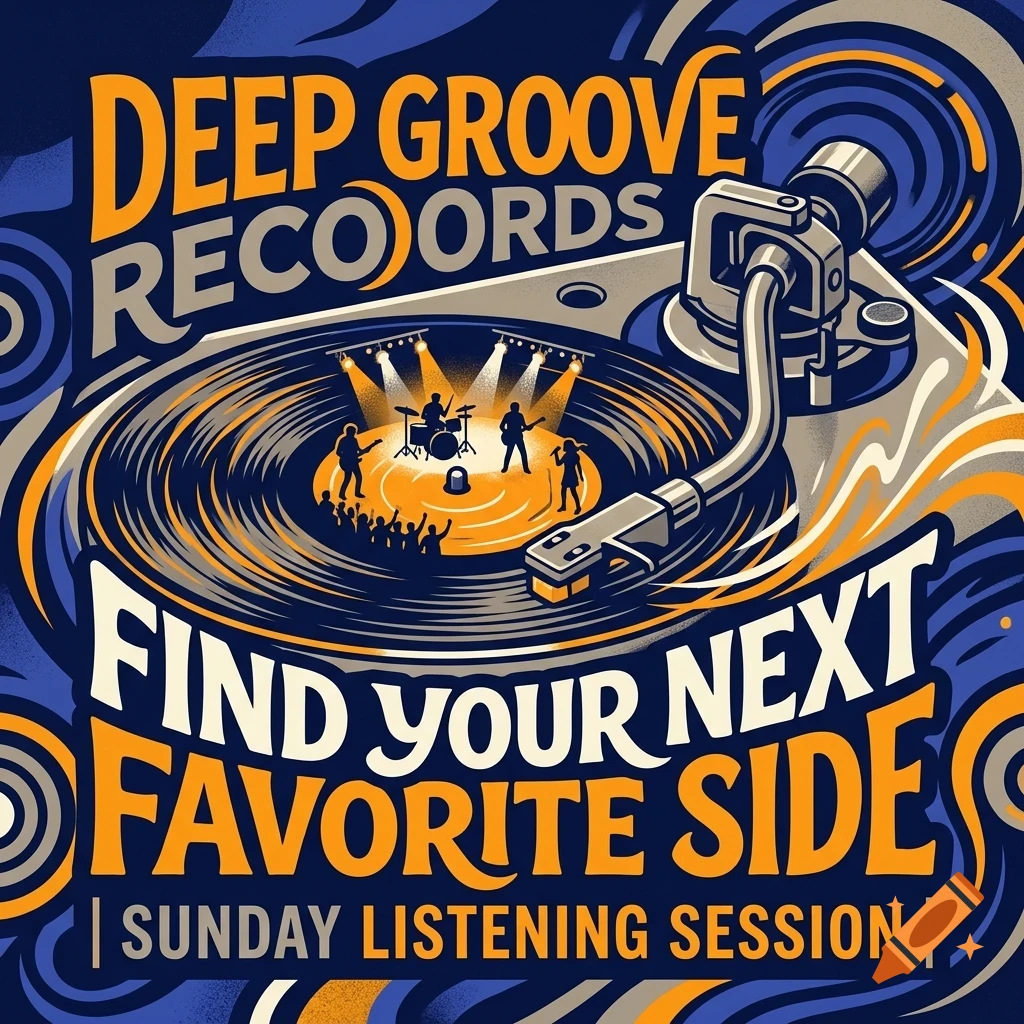 An illustrated poster for Deep Groove Records featuring a turntable with a band playing on a vinyl record.