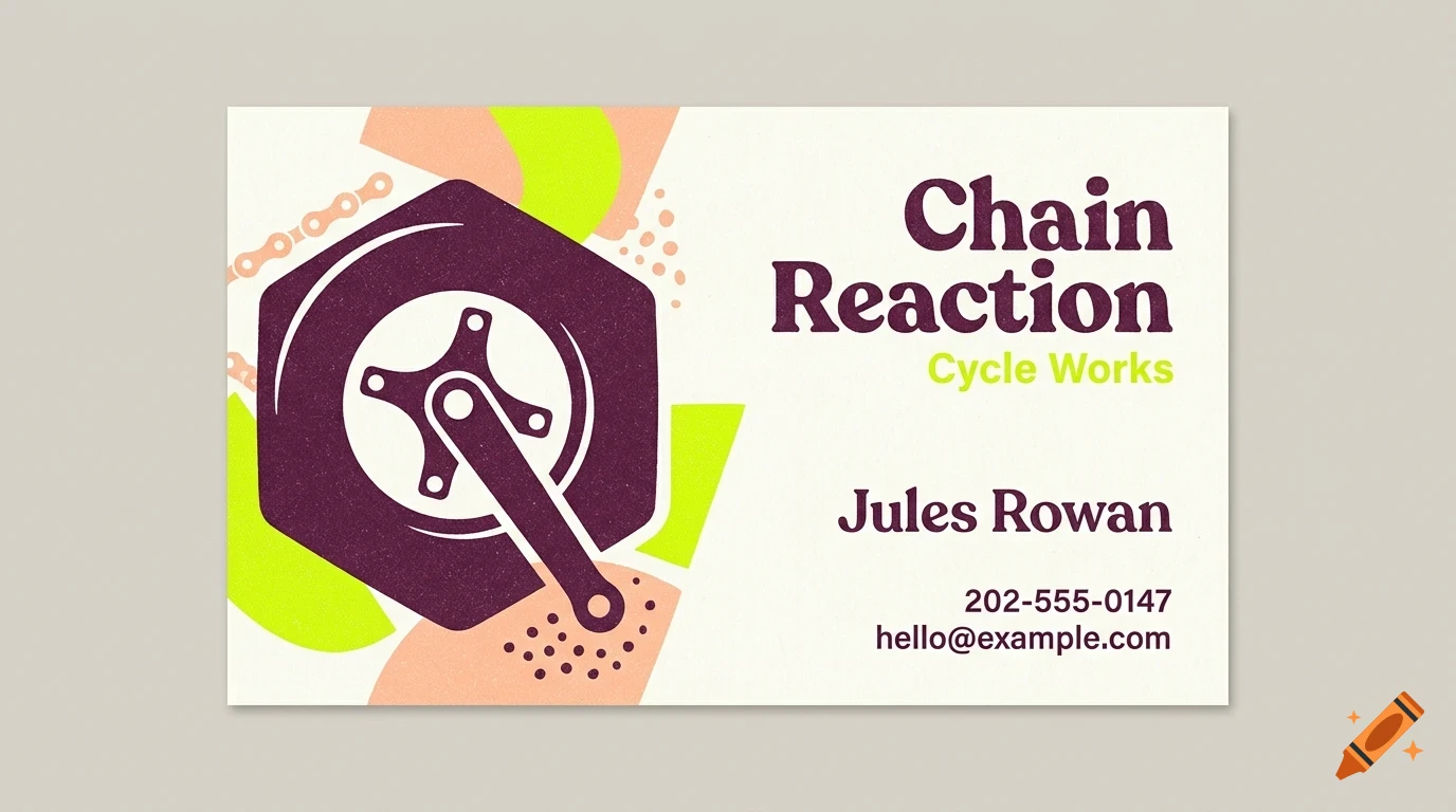 A business card with abstract shapes, a gear illustration, and text reading Chain Reaction, Cycle Works, and Jules Rowan.