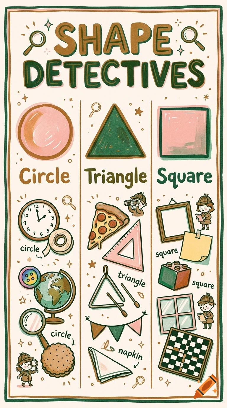 An educational poster titled Shape Detectives, illustrating basic shapes like circles, triangles, and squares with matching everyday objects in a cartoon style.