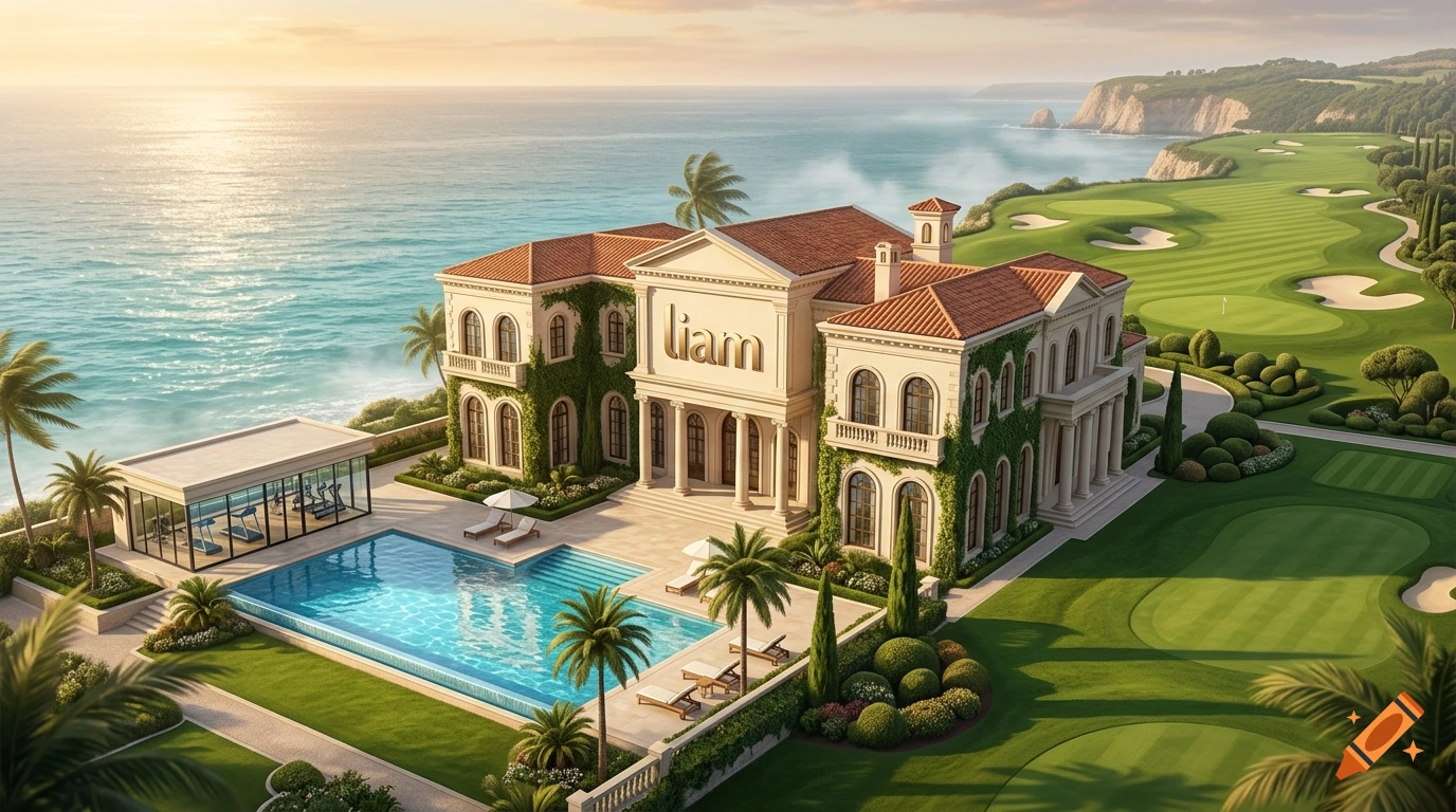 Photorealistic aerial view of a luxurious coastal villa with a pool, gym, and golf course, featuring the name liam on the facade.