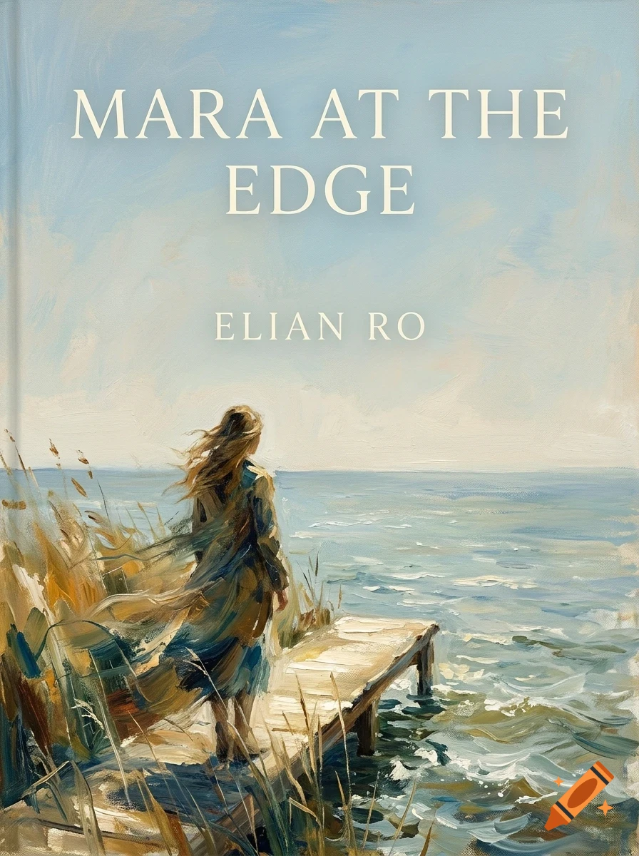 An oil painting of a woman standing at the edge of a wooden dock overlooking a calm sea, with text above reading MARA AT THE EDGE and ELIAN RO.