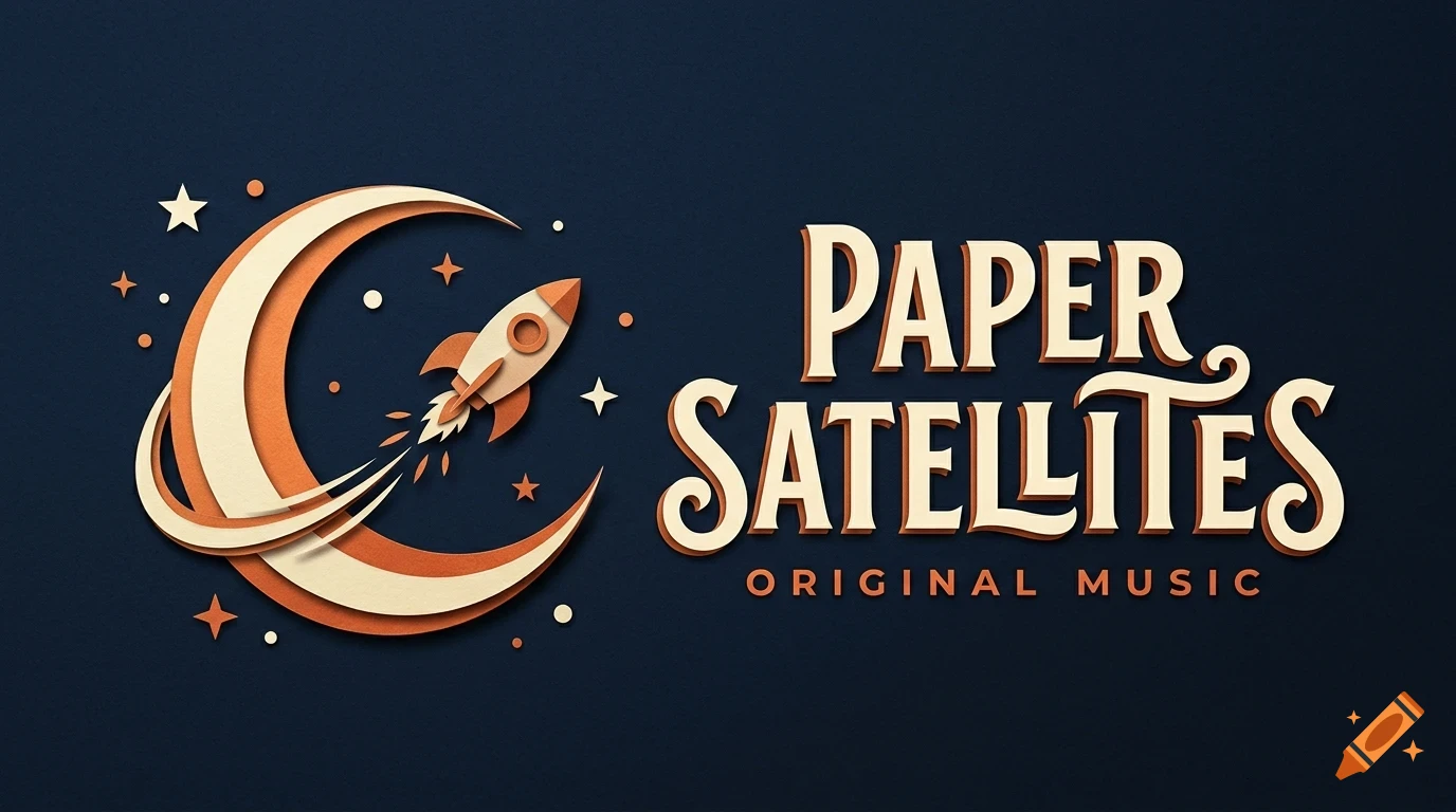 An image with a rocket flying past a crescent moon, surrounded by stars against a dark background, featuring the text "PAPER SATELLITES ORIGINAL MUSIC".