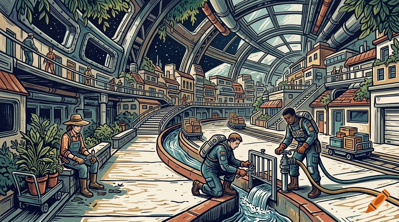 An illustrated view of a futuristic space colony interior, featuring people working near water channels, tiered buildings, and a vaulted glass ceiling revealing stars.