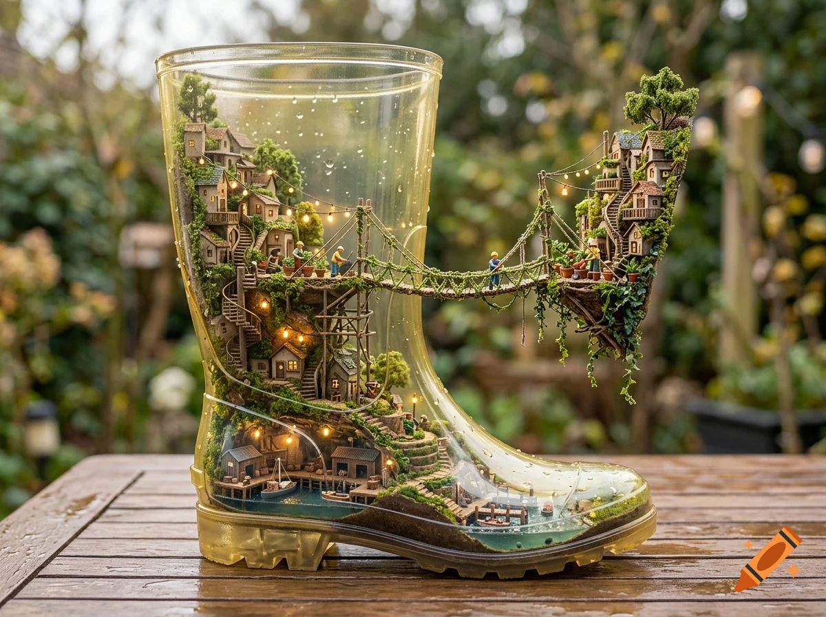 A miniature fantasy village built inside a transparent rubber boot resting on a wooden table.