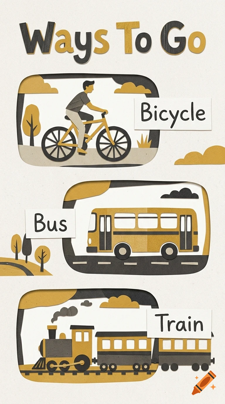 An educational poster titled 'Ways To Go' with three cut-out style illustrations showing a person on a bicycle, a bus, and a train, labeled respectively.