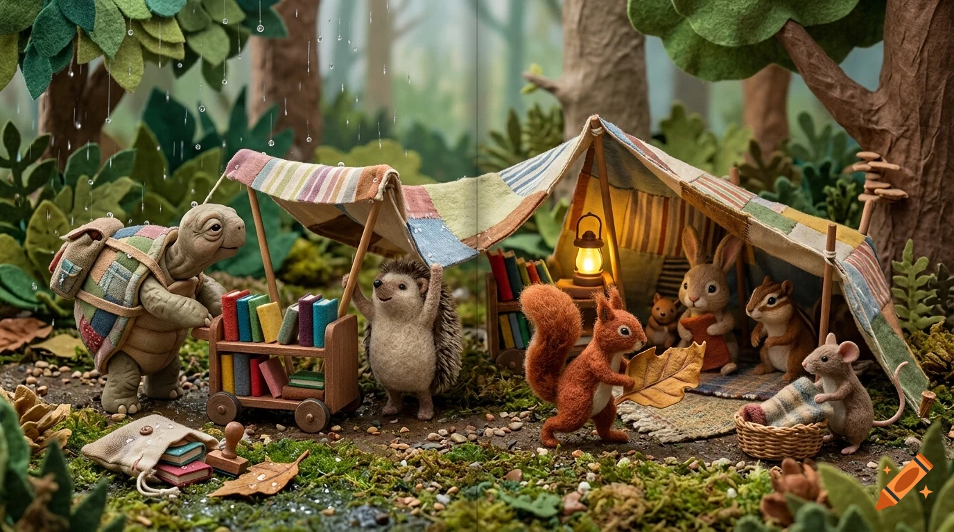 Diaper-style felt woodland animals including a turtle, hedgehog, squirrel, rabbit, and mouse camping in the rain with tents and books.
