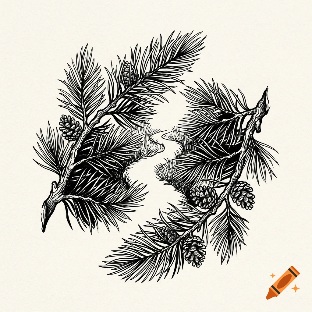 An ink and pencil drawing of pine tree branches with needles and pinecones.