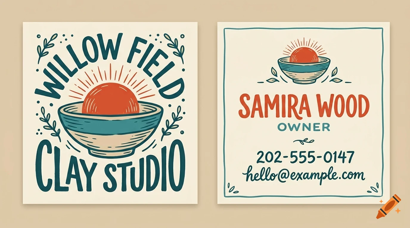 Two business card designs for Willow Field Clay Studio, featuring illustrations of a bowl with a rising sun and typography.