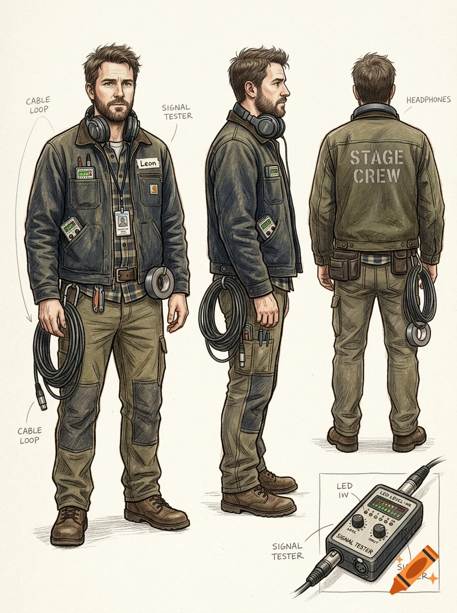 Character design sheet showing a stage crew member from front, side, and back views, with a close-up of a signal tester and text callouts.