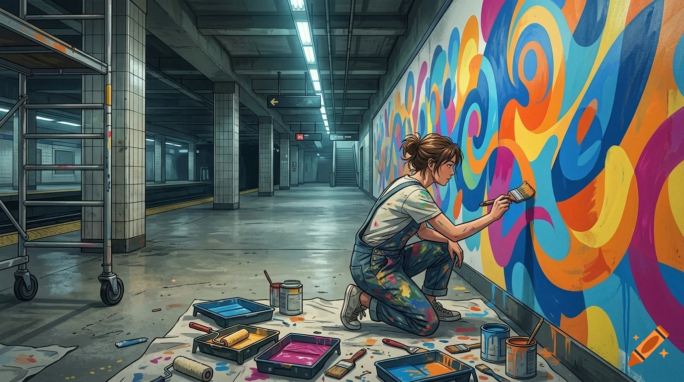 A woman paints a colorful abstract mural on a subway station wall.