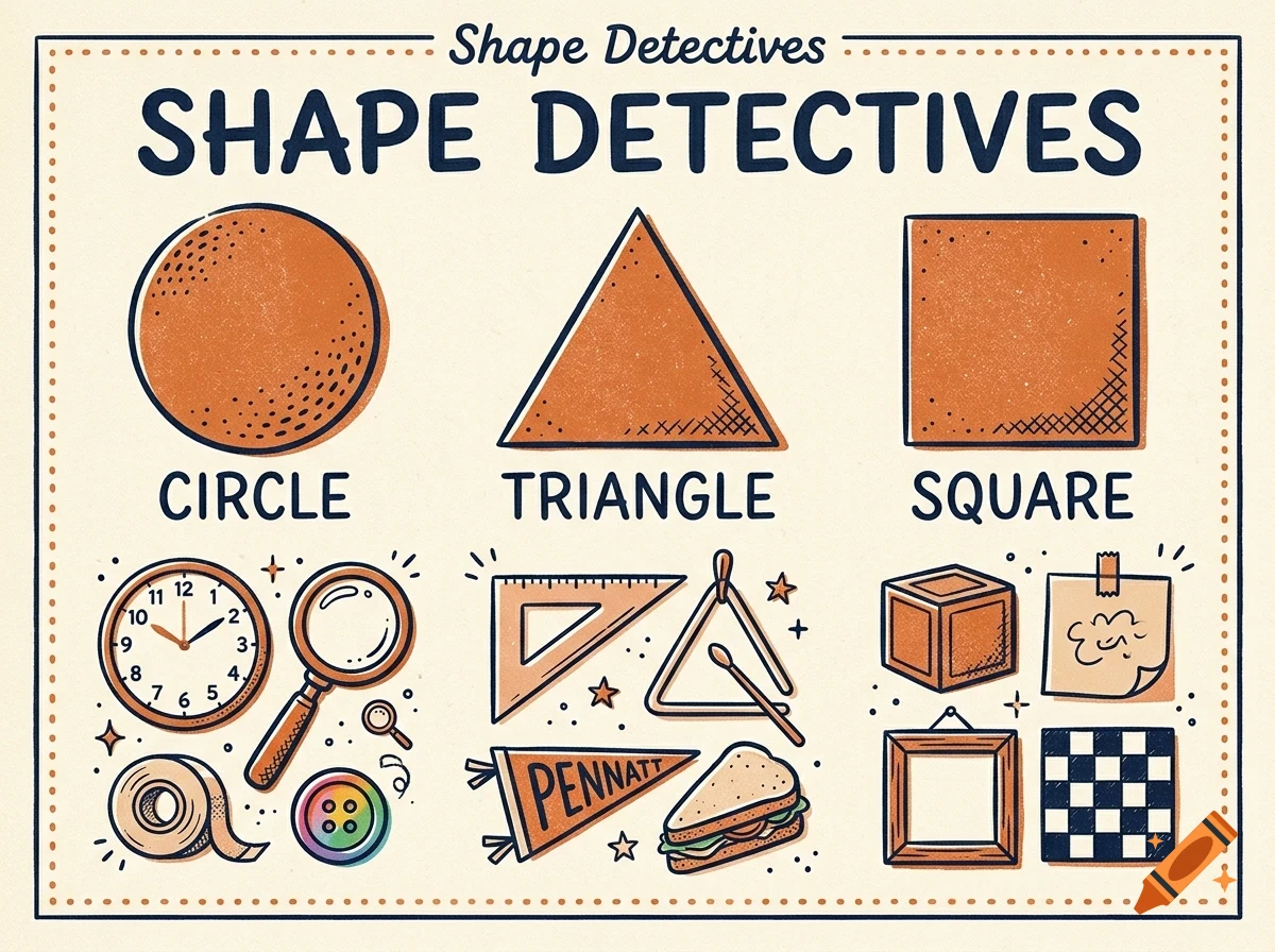 An educational poster titled Shape Detectives displaying a circle, triangle, and square alongside matching objects and labels.