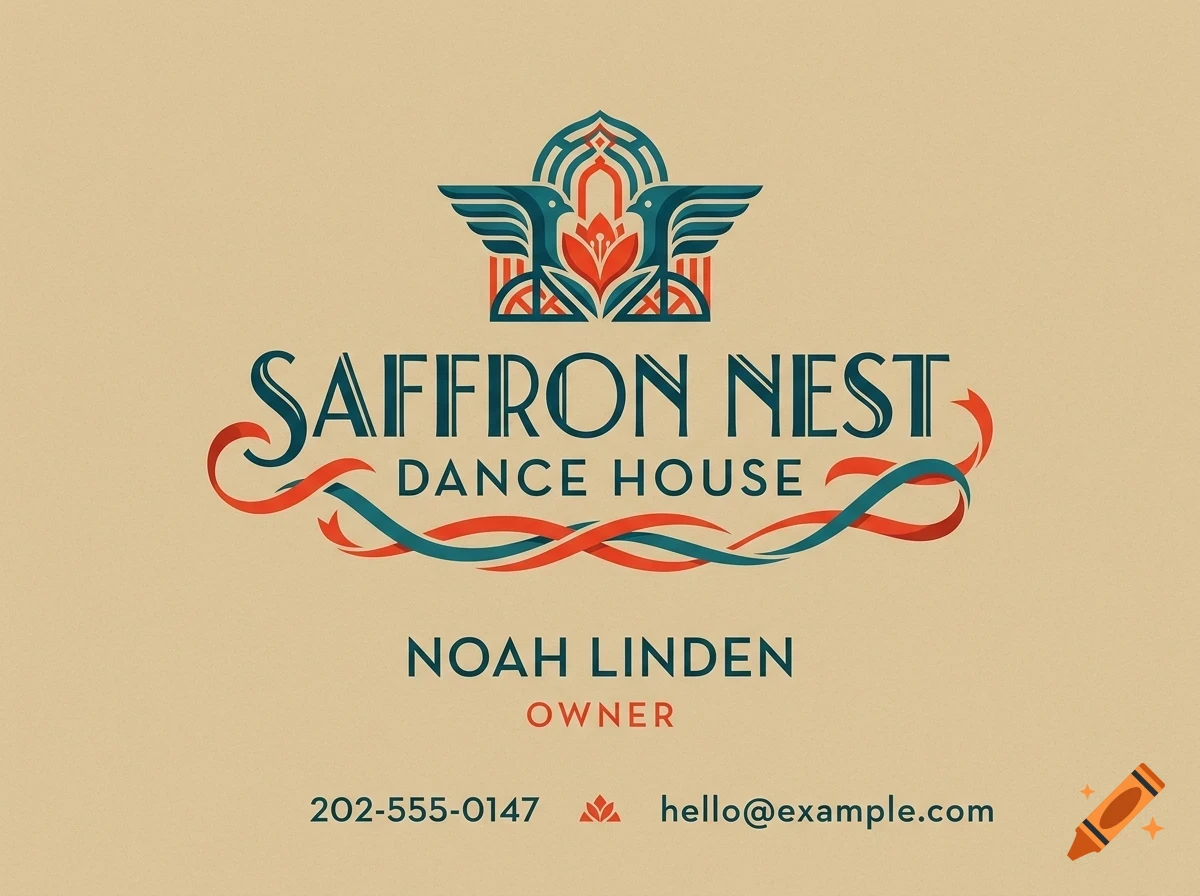 A business card design for Saffron Nest Dance House, featuring a stylized logo with two birds framing a flower and ornate archway above the text.