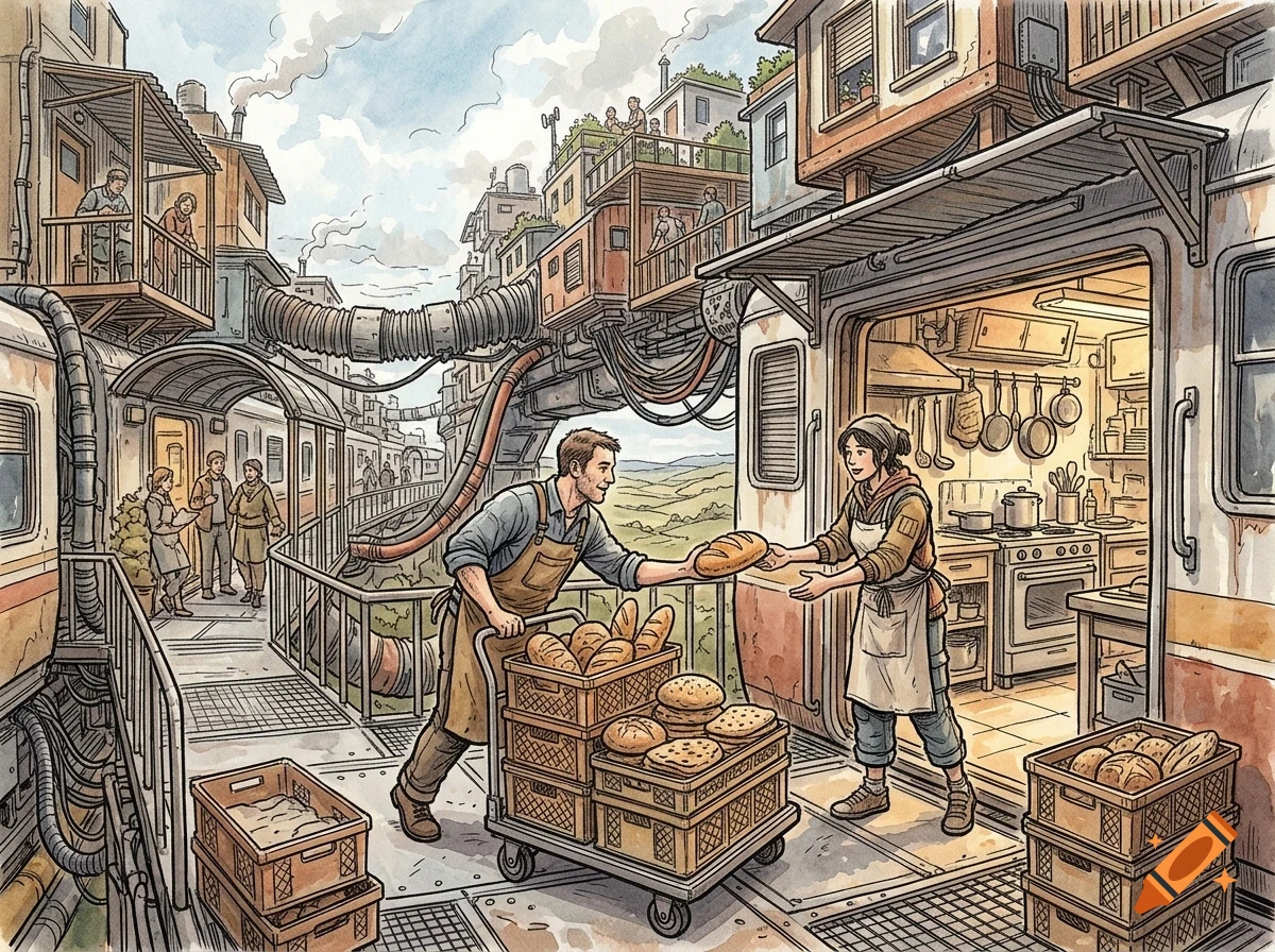 A man in an apron delivers a loaf of bread from a cart of baked goods to a woman standing in the doorway of a train car kitchen, set within a crowded settlement built from old train cars and elevated walkways.