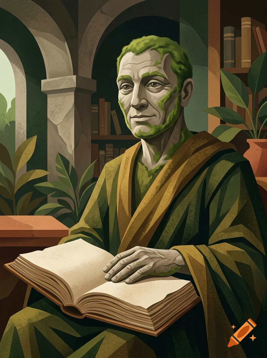 An illustrated portrait of a man with moss growing on his face and hair, sitting and reading a large open book in a library.