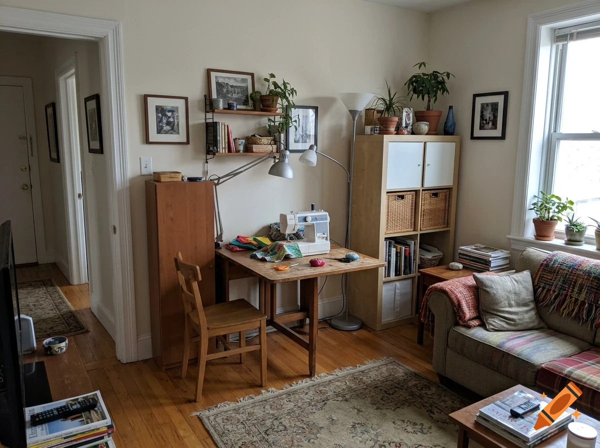 A well-lit room featuring a sewing table with a sewing machine, a chair, a shelf with books, and a sofa.