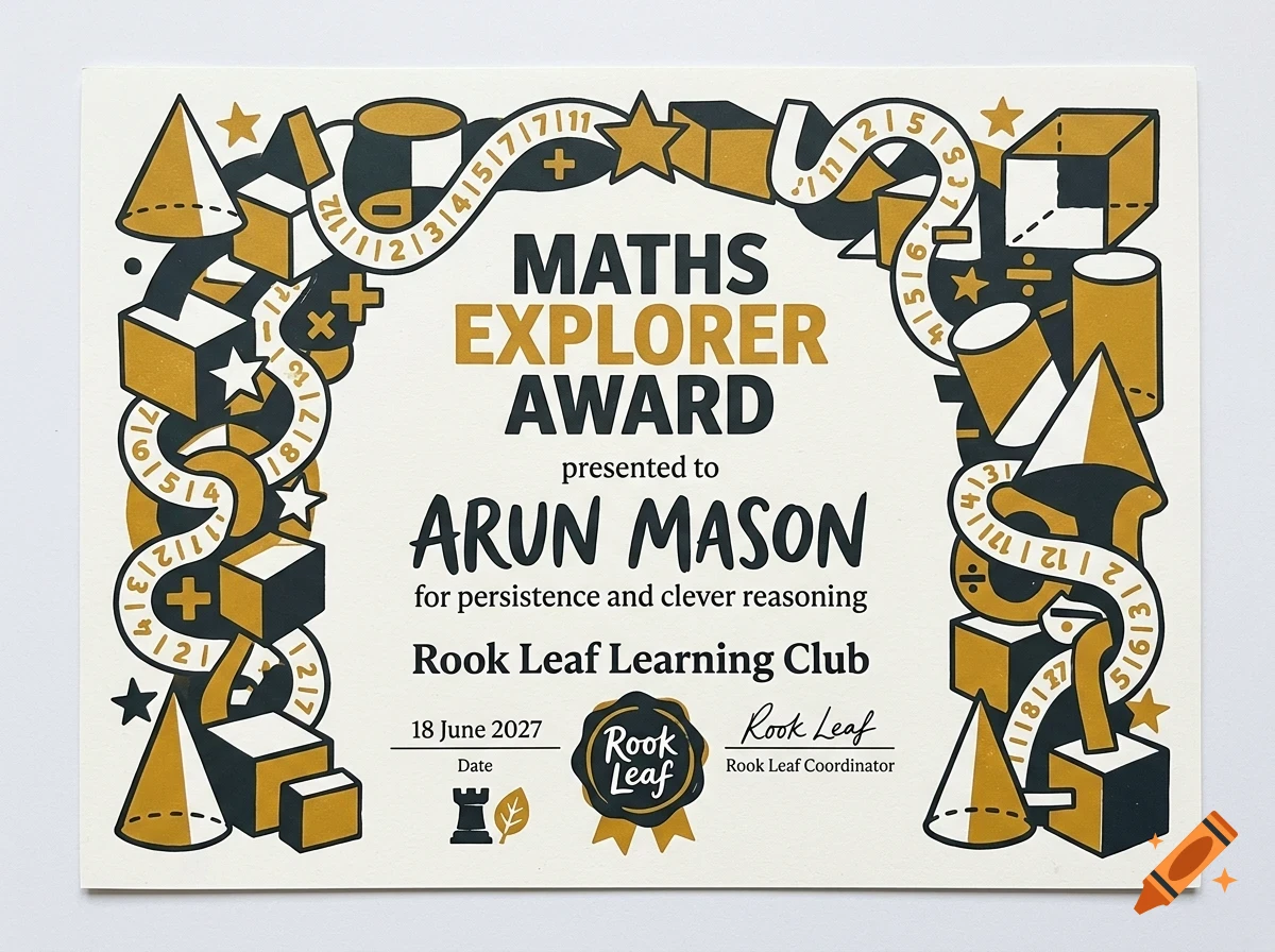 An illustrated Maths Explorer Award certificate featuring 3D geometric shapes, numbers, and lettering for Arun Mason.