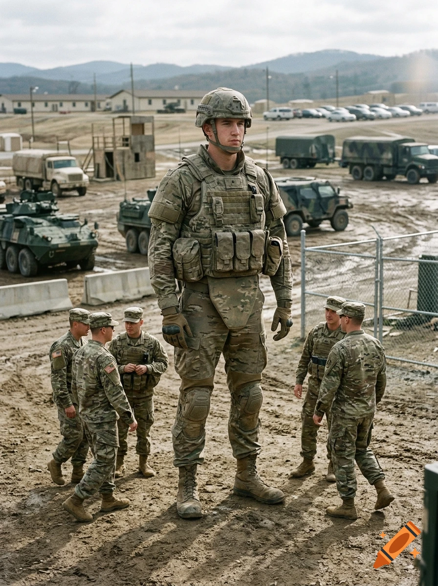 Photorealistic image of a 10-foot-tall soldier standing among regular-sized soldiers in a military base.