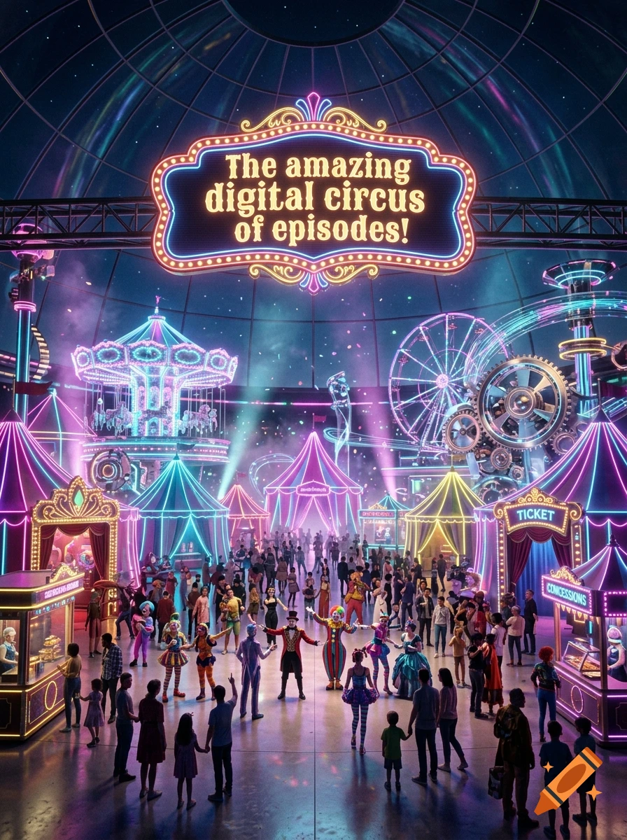 A bustling indoor neon circus scene featuring performers, crowds, carnival rides, and a glowing overhead sign reading The amazing digital circus of episodes!