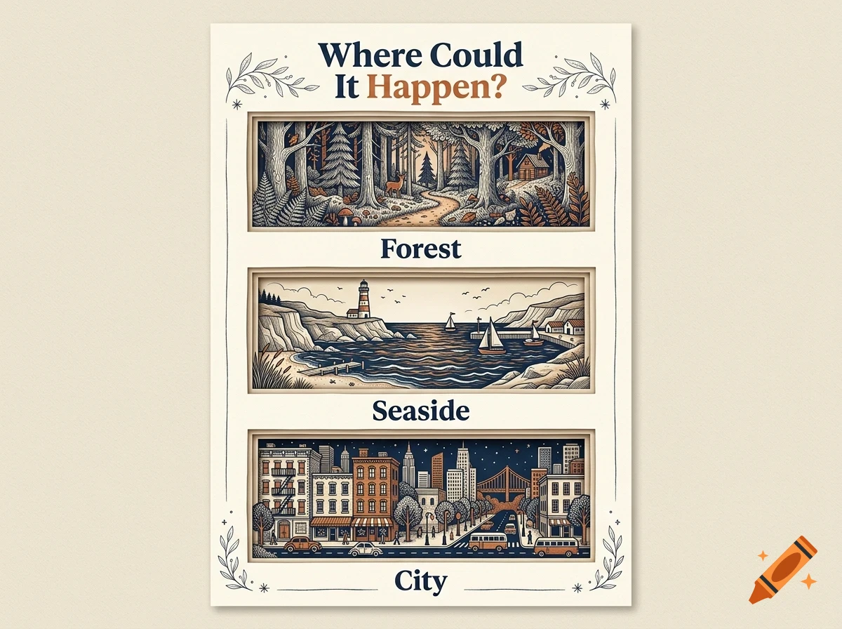 A poster titled Where Could It Happen? featuring three framed horizontal illustrations showing a forest, seaside, and city.