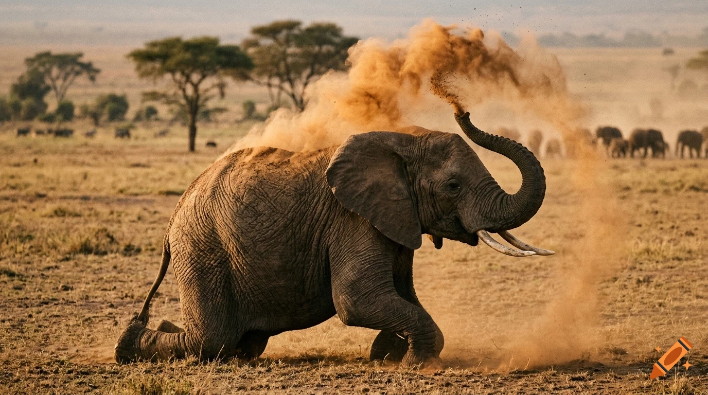 An elephant throws dust over its back in a dry savanna landscape with sparse trees.