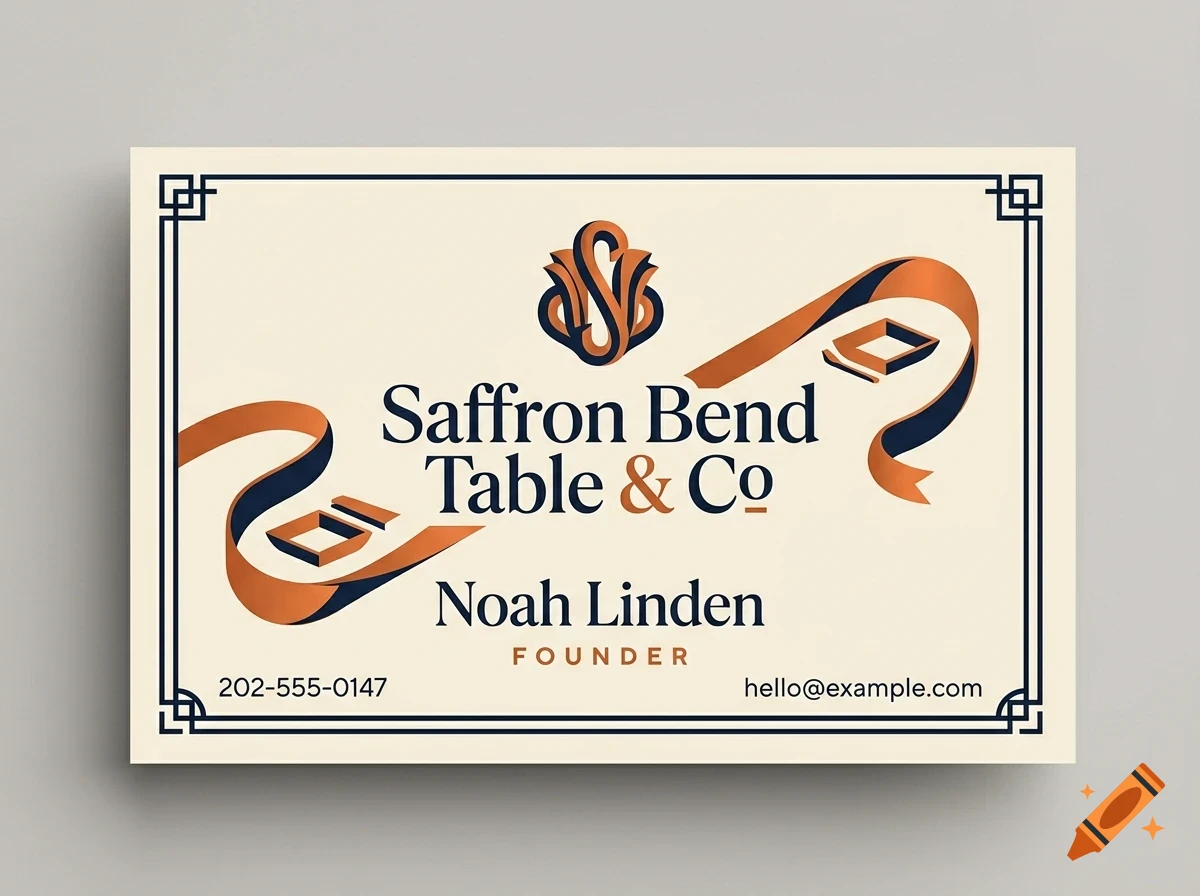 A business card with the text Saffron Bend Table & Co and the name Noah Linden.