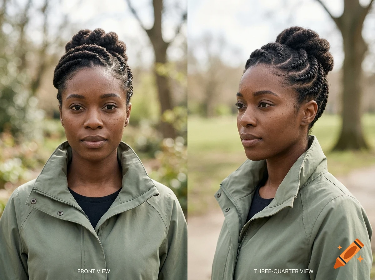 Front and three-quarter view of a woman with braided hair and a green jacket.