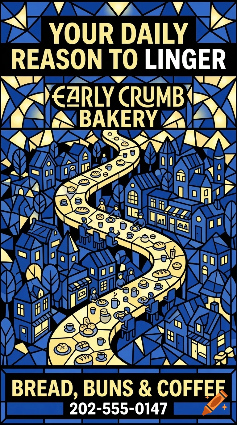 An illustrated poster in a stained-glass style depicting a winding yellow road through a blue town, featuring text for Early Crumb Bakery.