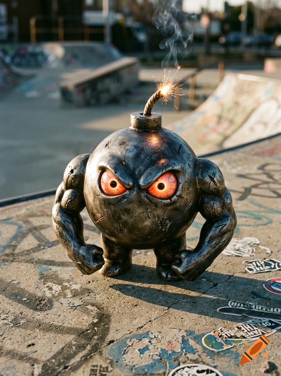 An anthropomorphic metal bomb with veiny red glowing eyes and a lit fuse stands on a graffiti-covered skatepark ramp.