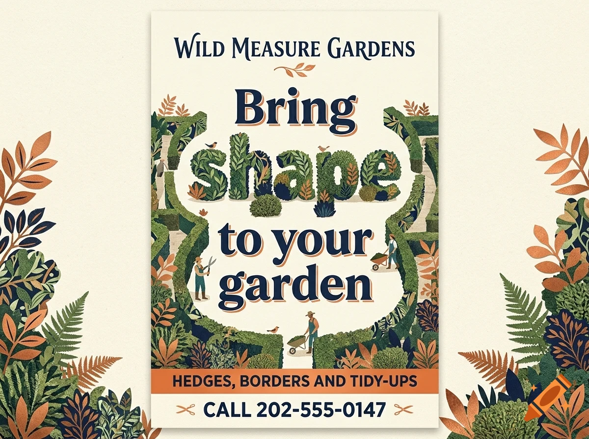 An illustrated poster for Wild Measure Gardens featuring topiary lettering and garden imagery.