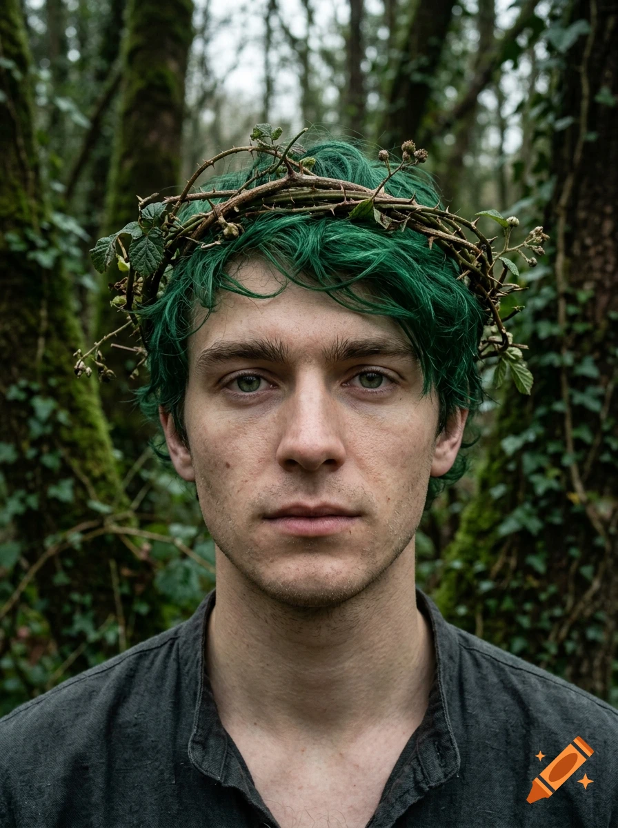 Close-up portrait of a young man with emerald green hair and eyes, wearing a crown of thorns and brambles in a forest setting, photorealistic.