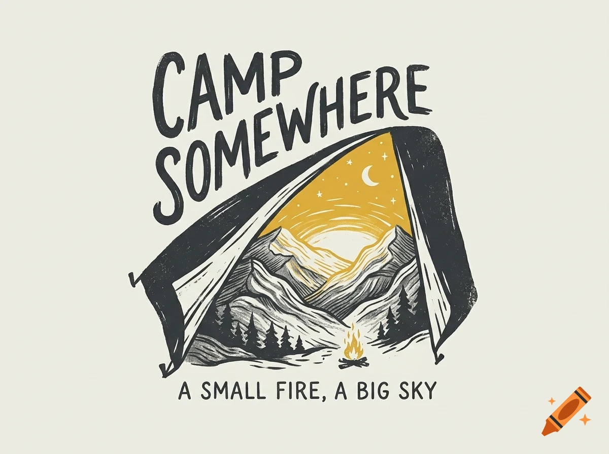 An illustrated camping design featuring a tent looking out at mountains, trees, and a campfire under a starry night sky, with the text CAMP SOMEWHERE and A SMALL FIRE, A BIG SKY.