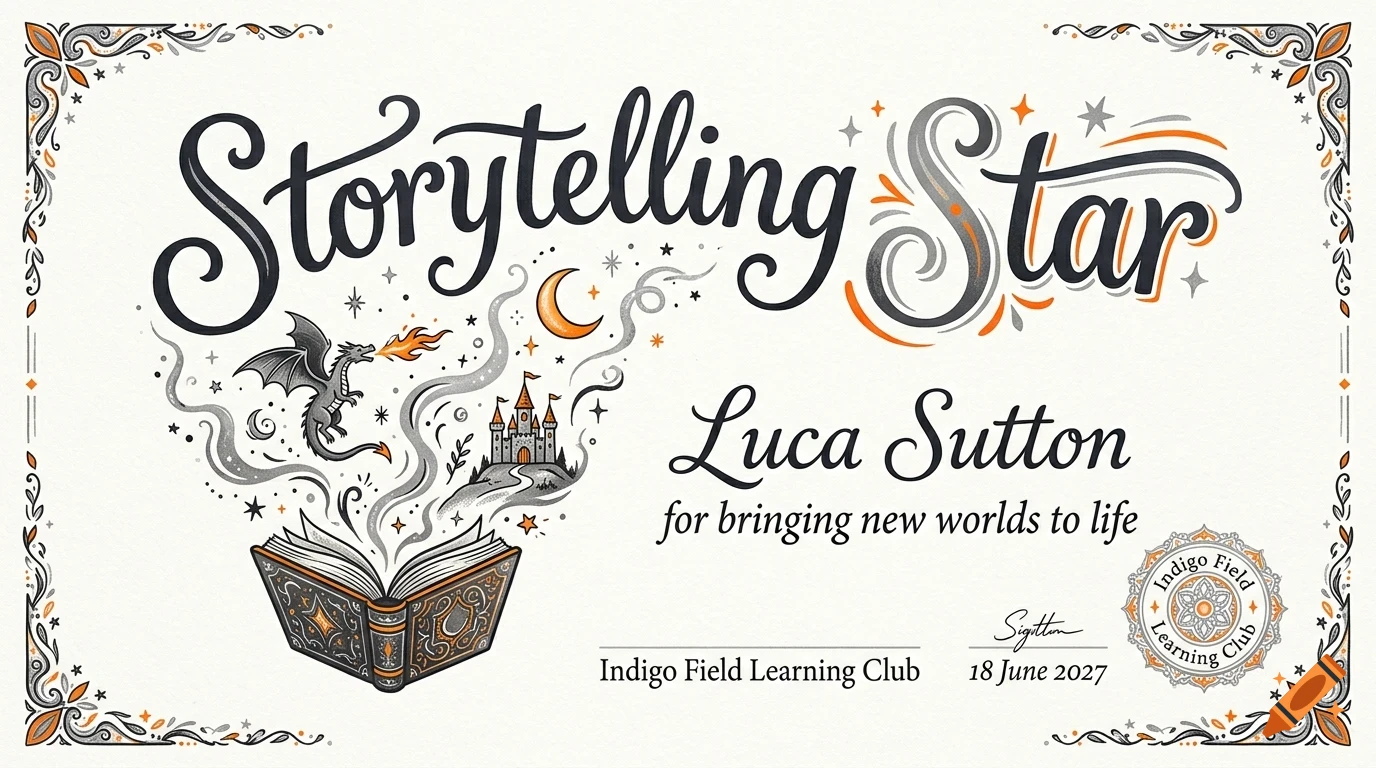 An illustrated certificate with ornate borders and the text 'Storytelling Star' awarded to Luca Sutton, featuring a drawing of an open book, a dragon, and a castle.
