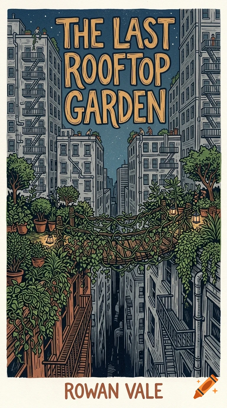 An illustrated book cover titled 'The Last Rooftop Garden' by Rowan Vale, showing a city alleyway with lush rooftop gardens and hanging vines between buildings at night.