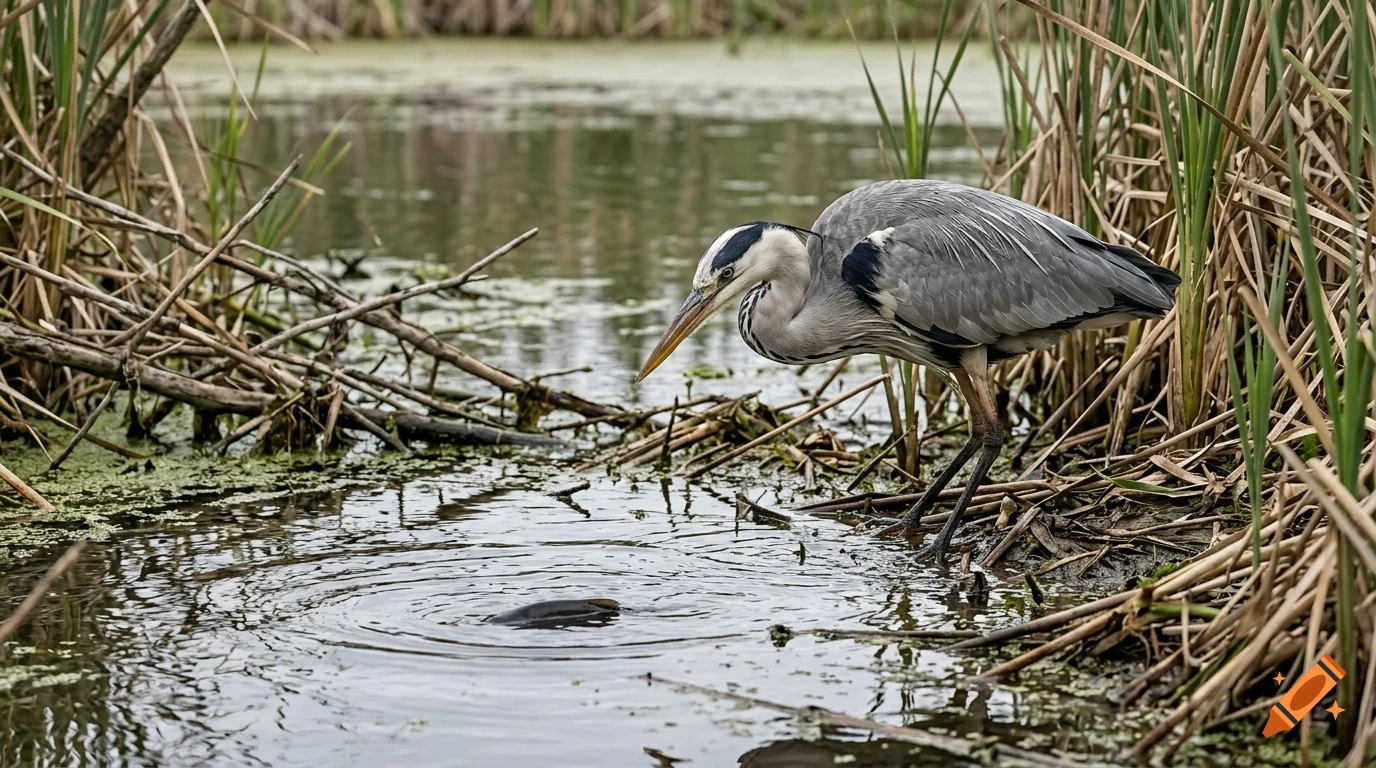 A grey heron stands by a marshy lake edge, looking intently at ripples in the water among reeds and branches.