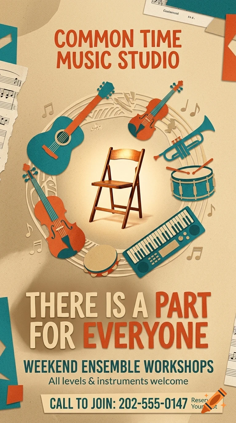 A poster for Common Time Music Studio featuring a central wooden chair surrounded by various musical instruments and sheet music.