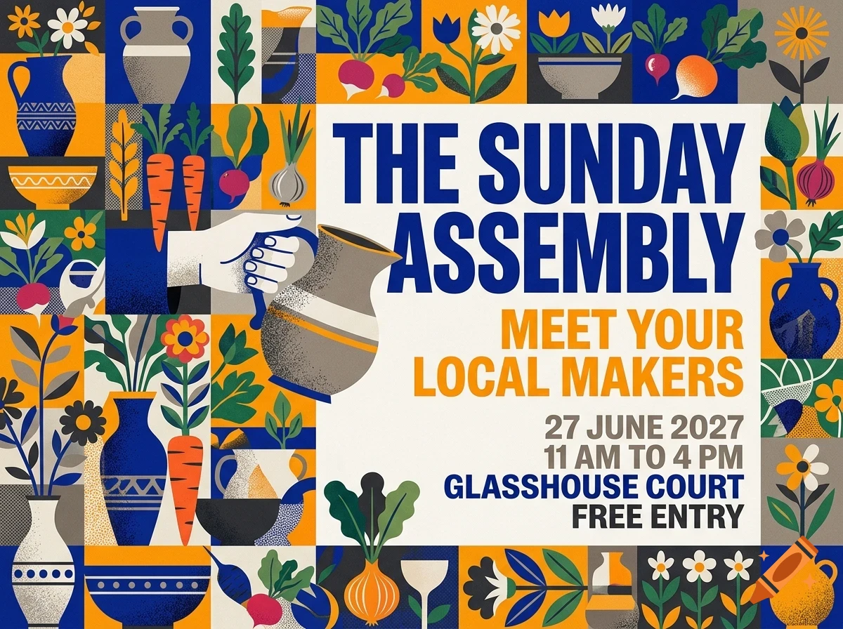 A poster for The Sunday Assembly featuring a tiled border of flowers, vases, and vegetables, with a hand pouring from a jug.