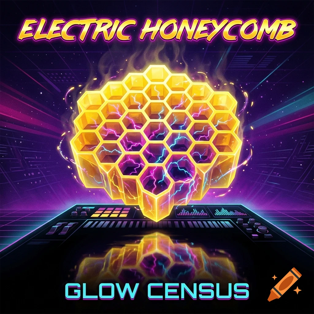 An electric glowing honeycomb hovers above a futuristic control panel against a retro-style starry background with the text ELECTRIC HONEYCOMB and GLOW CENSUS.