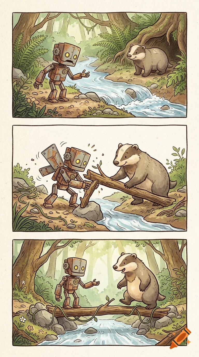 A three-panel comic strip showing a small rusty robot and a badger working together to place a fallen log across a forest stream.