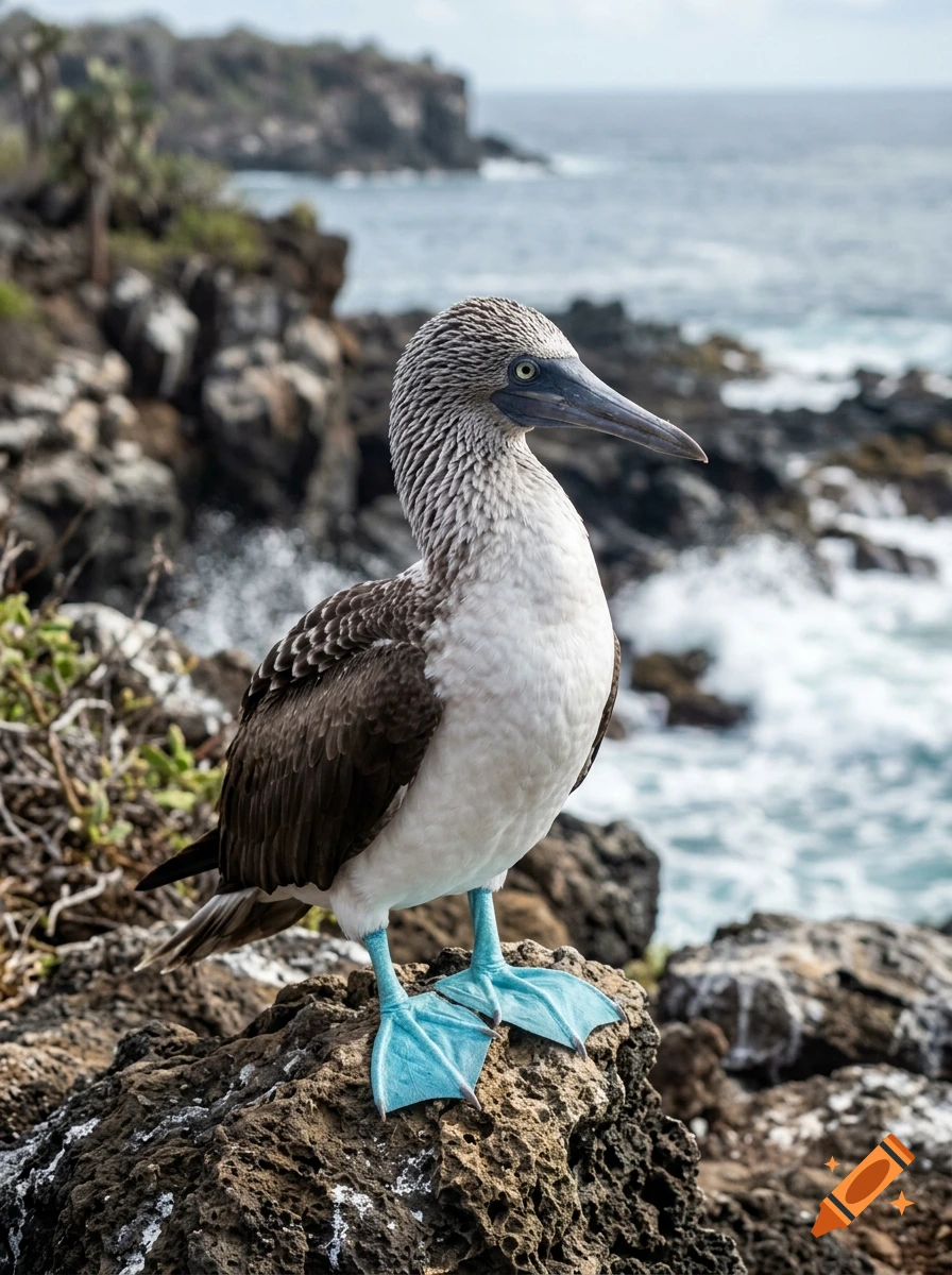 Photorealistic blue-footed booby standing on a rocky shoreline with ocean and cliffs in the background.